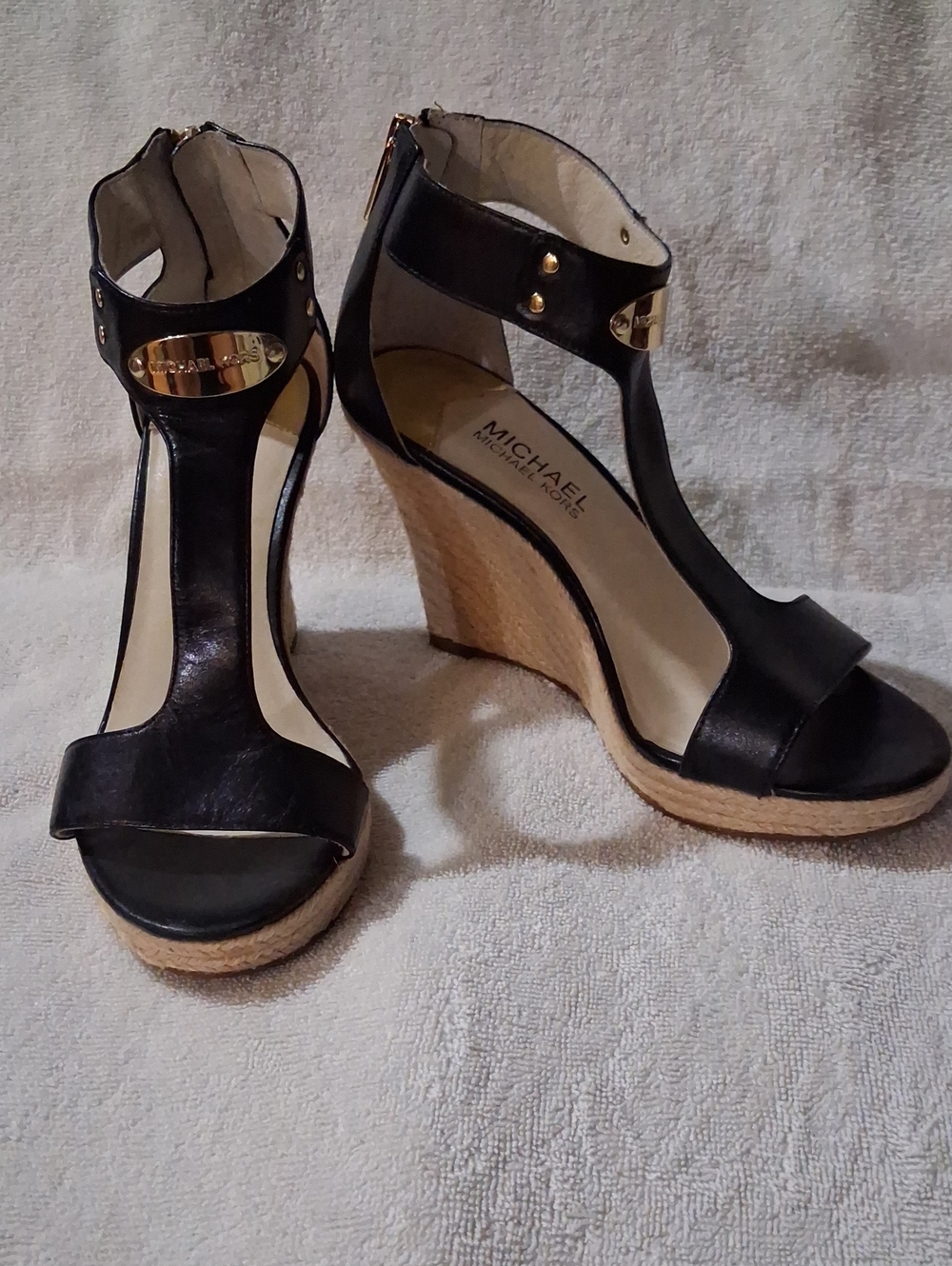 Michael Kors Black Leather T-Strap Espadrille Wedge Sandals with Gold Accents